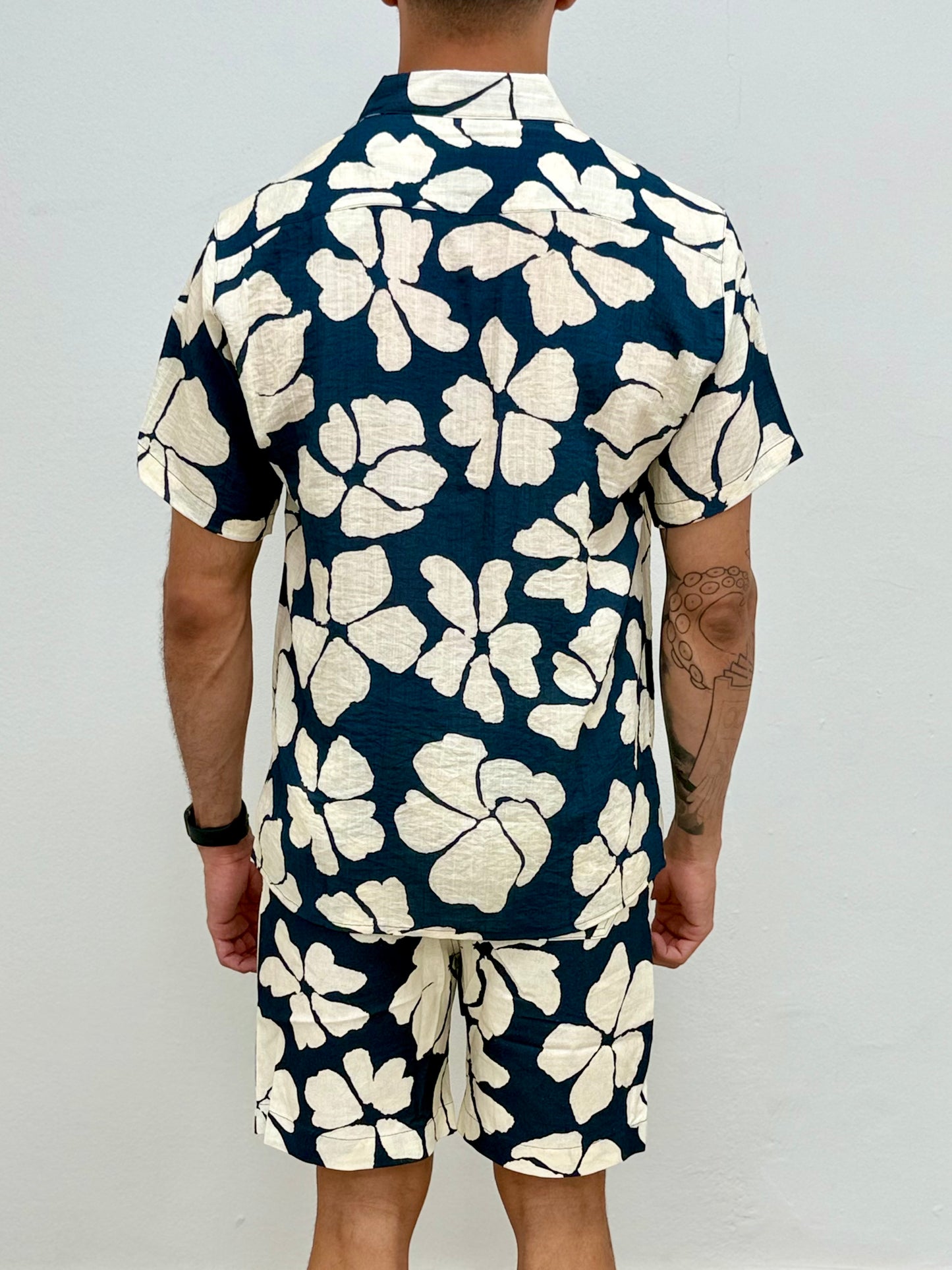 Navy Tropical Printed Linen Button Down Shirt