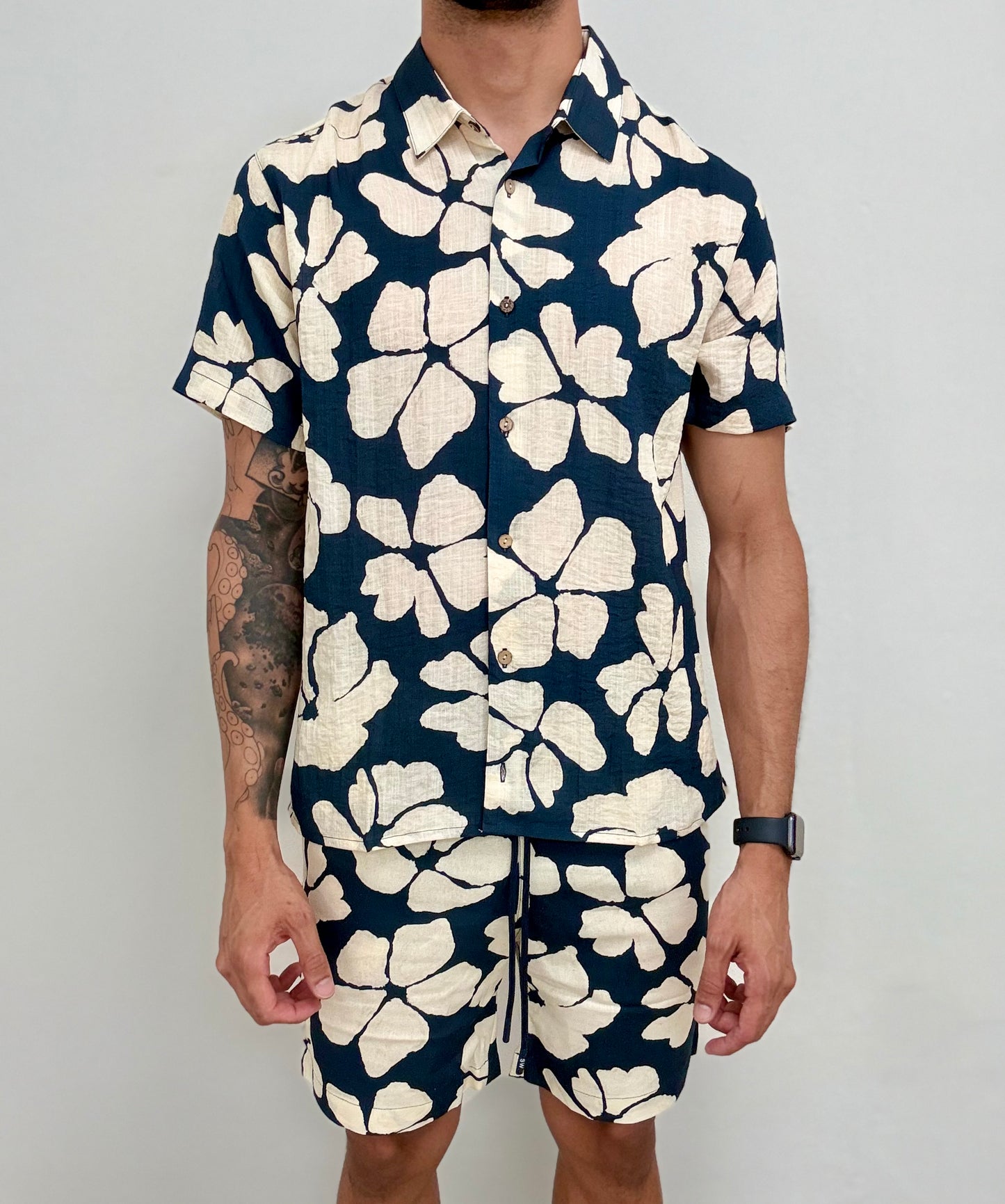 Navy Tropical Printed Linen Short