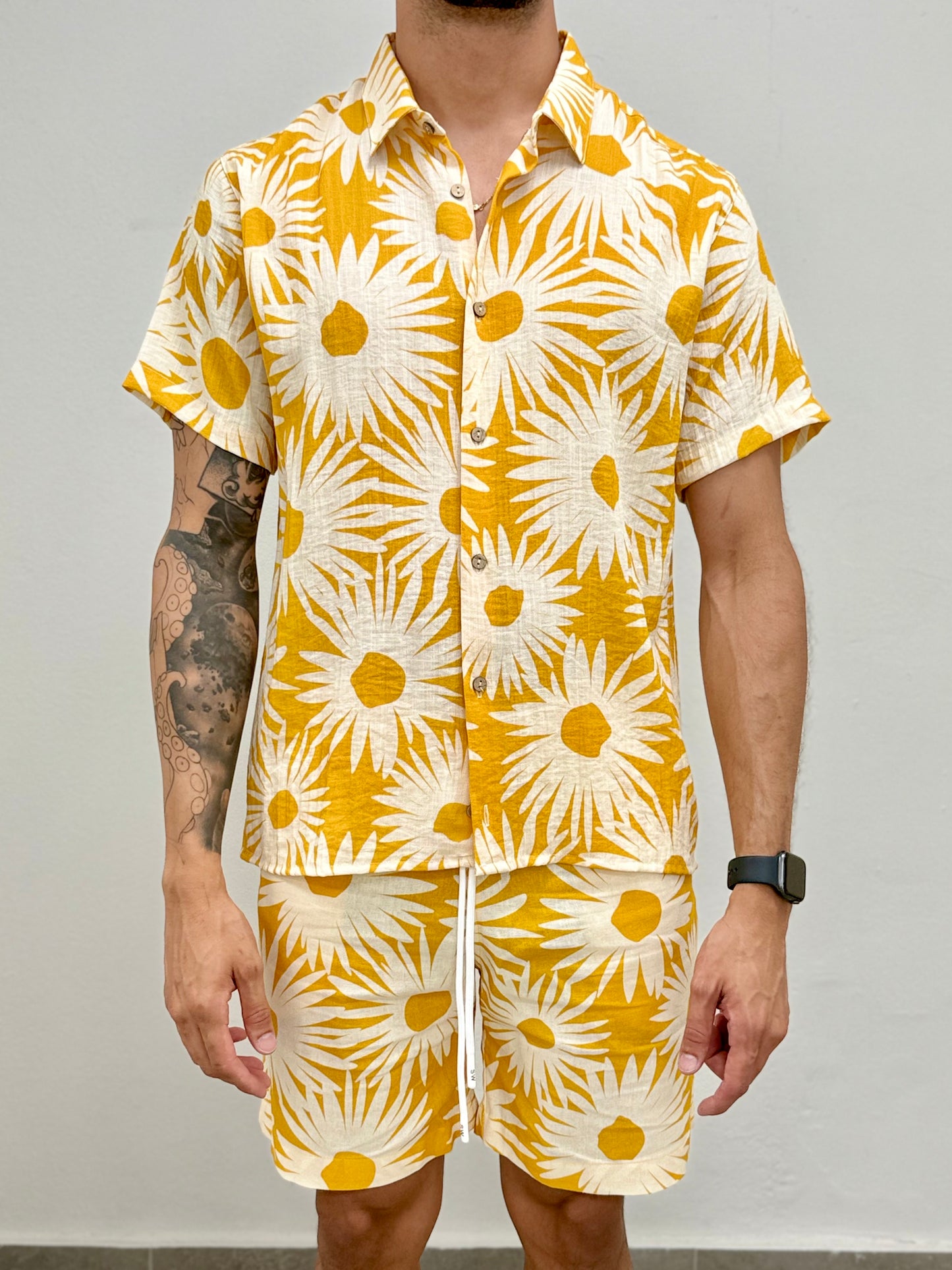 Yellow Printed Linen Button Down Shirt