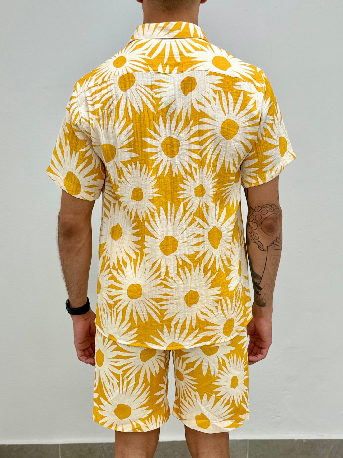 Yellow Printed Linen Button Down Shirt