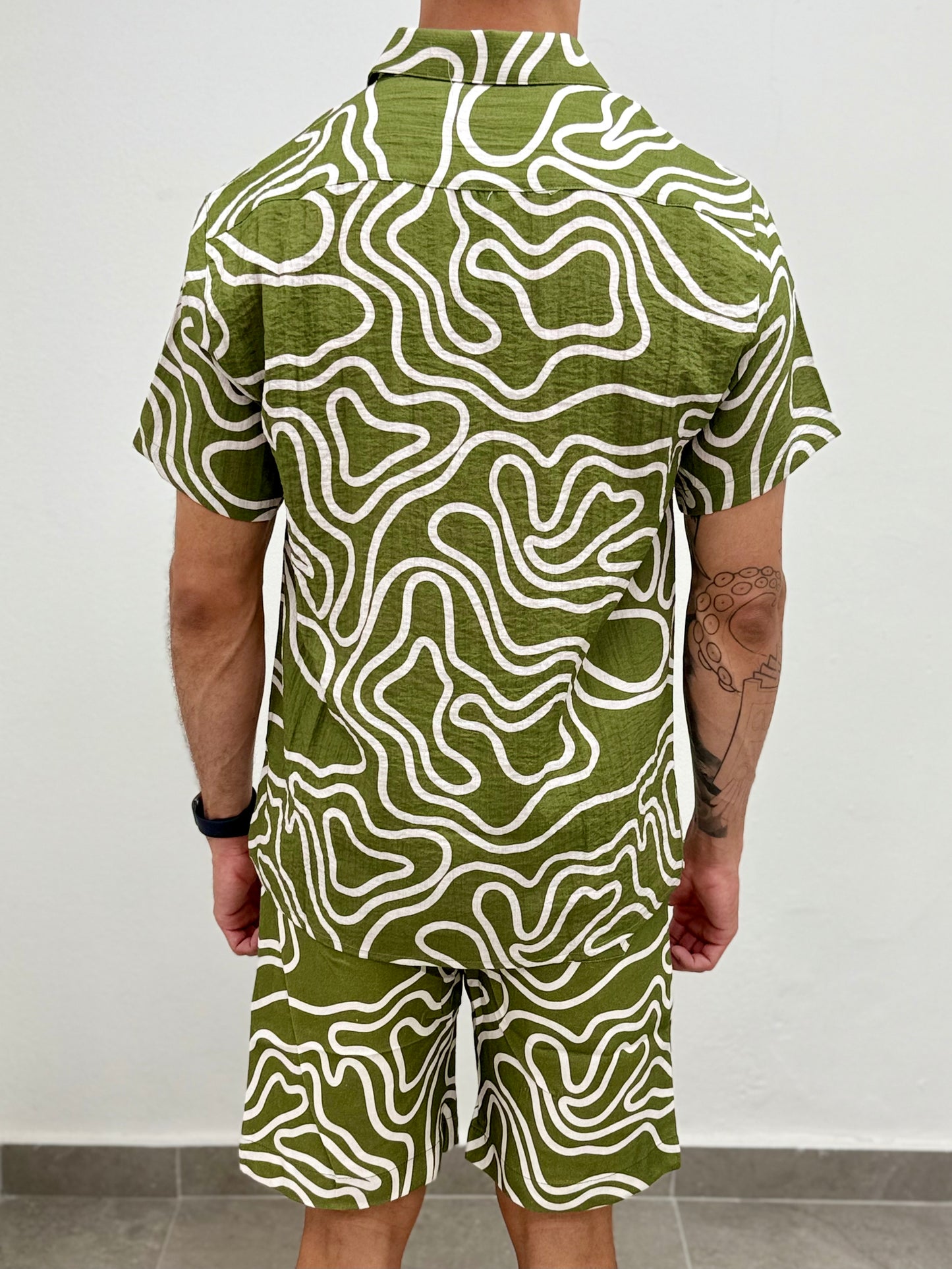 Olive Wave Printed Linen Button Down Shirt