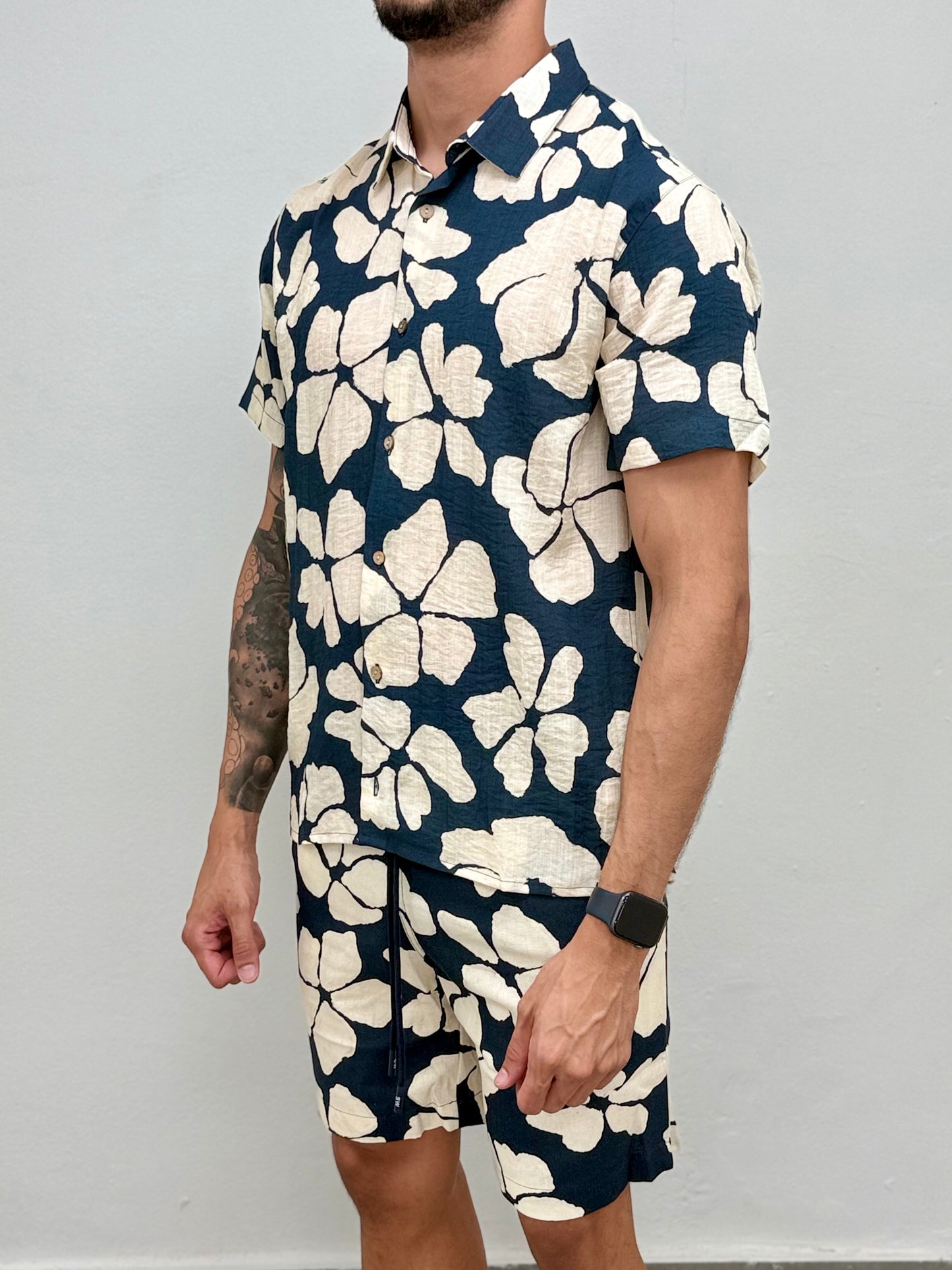Navy Tropical Printed Linen Button Down Shirt