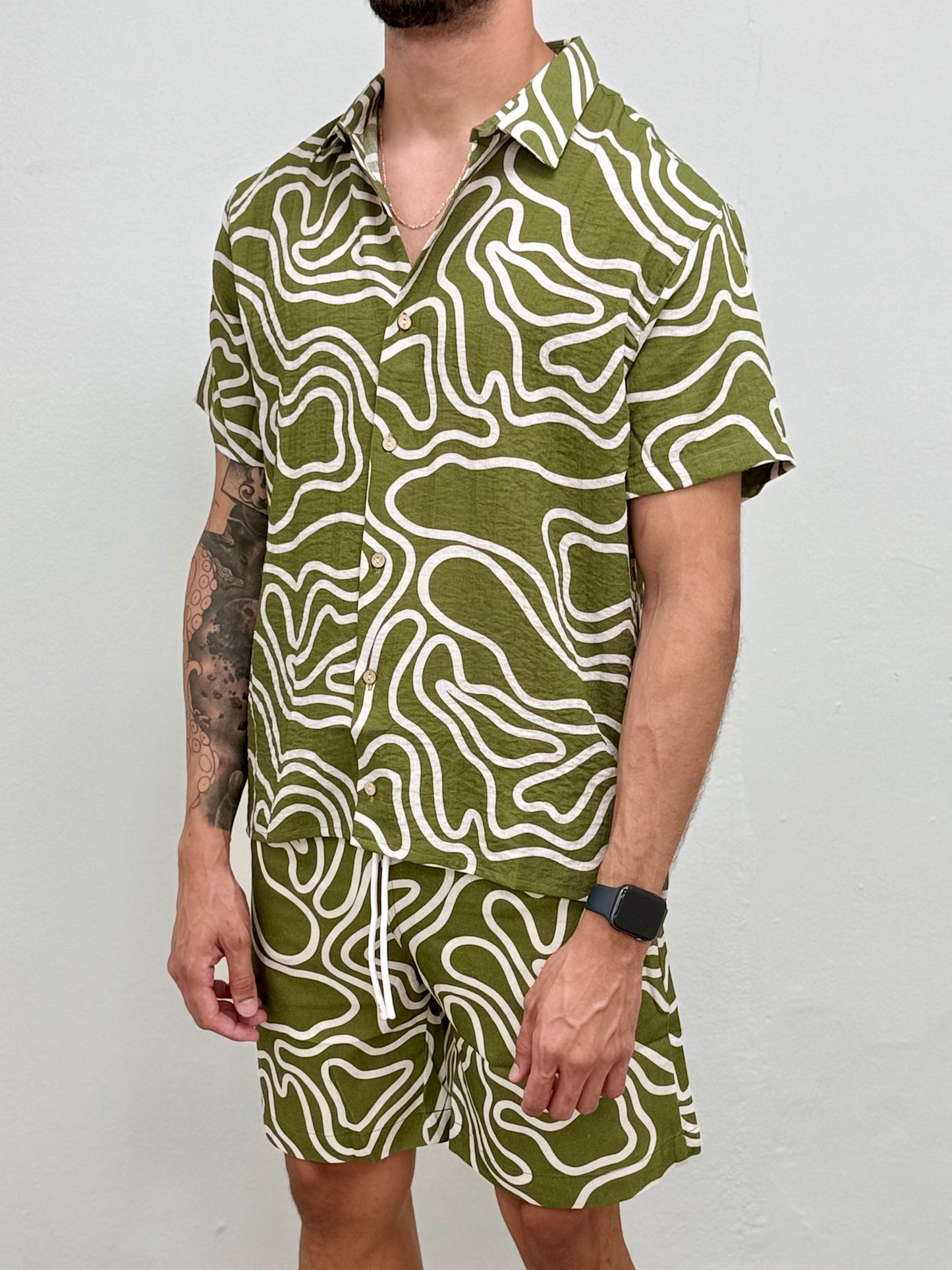 Olive Wave Printed Linen Short