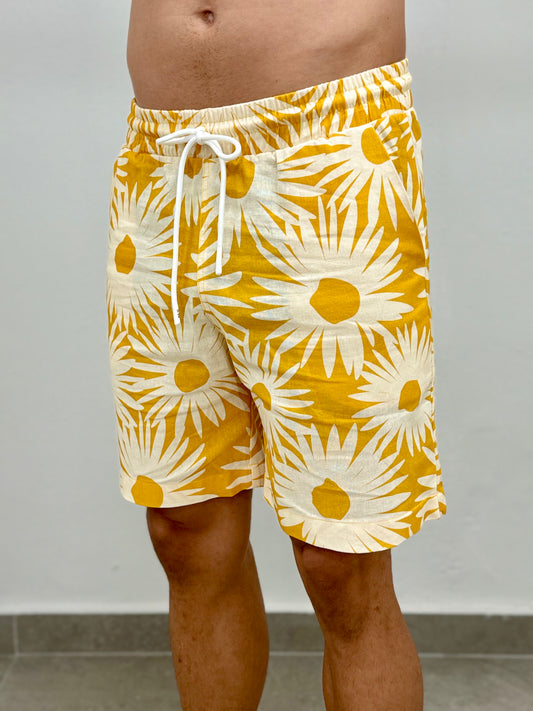 Yellow Printed Linen Short